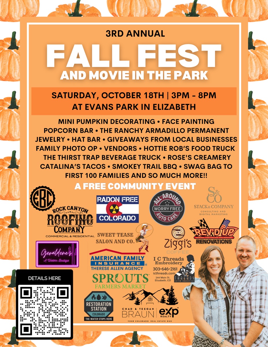 2025 Fall Fest and Movie in the Park flyer, 3rd annual, Evans Park Elizabeth Colorado
